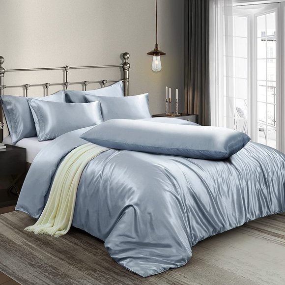 Madison Park Satin 6-Piece Light Grey Solid Polyester  New  6 Pieces Satin Duvet Cover King Size Luxury Silky Bedding Duvet Cov…